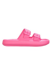 Sandales en plastique moulé rose vif avec deux sangles réglables à boucle, surface supérieure texturée et semelle ergonomique rembourrée.