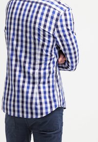 Blauw-wit geruit overhemd met een slim fit, voorzien van lange mouwen en zijsplitten aan de onderkant. Het materiaal lijkt geweven met een gladde textuur.