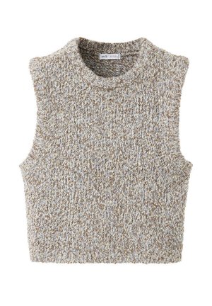 Gilet pull sans manches en fil beige et gris mélangés avec texture côtelée et encolure ronde.