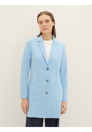 Light blue tailored coat made of textured fabric, featuring a notched lapel, three buttons, and two front pockets.
