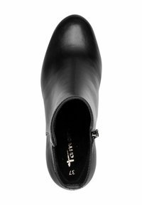 Zwarte leren enkellaars met een gladde textuur, een afgeronde neus, ritssluiting en een gevoerde binnenzool. Maat 37.