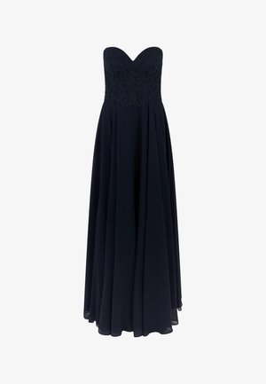 Schulterfreies schwarzes Abendkleid mit Spitzenblumen-Oberteil und fließendem Chiffonrock, der bis zum Boden reicht.