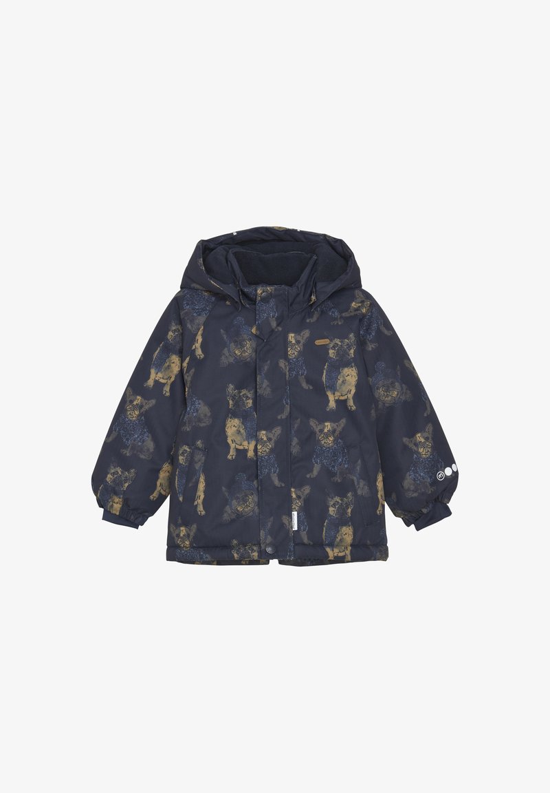 Marinblå vattentät jacka med ett mönster av hundar i olika poser. Inkluderar huva, elastiska ärmslut och knappstängning.