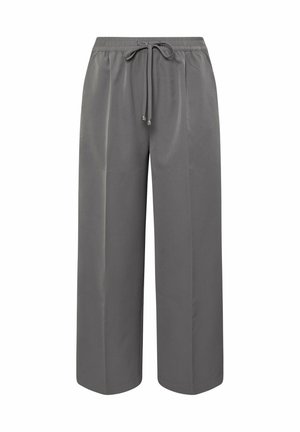 Wide-leg trousers in dark gray fabric with an elastic waistband and adjustable drawstring, featuring a smooth texture and no visible patterns.