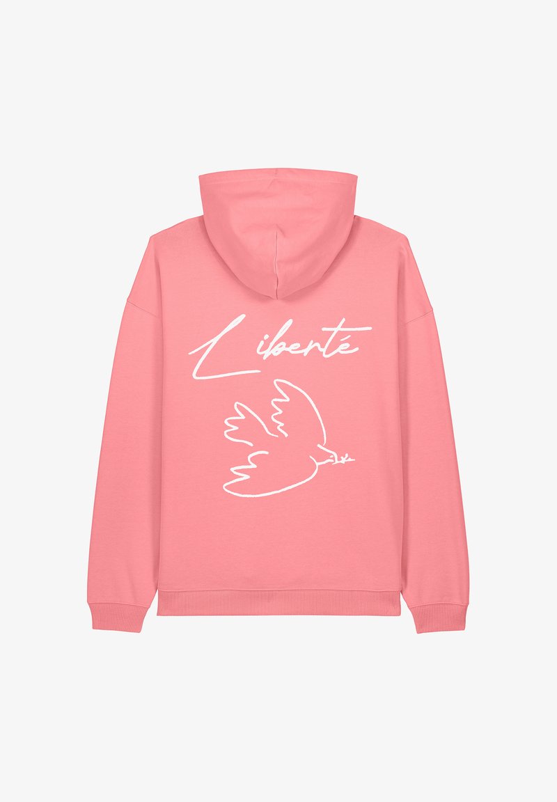 Hoodie rose avec une poche kangourou à l'avant, comportant un texte en cursive blanc "Liberté" et un design d'oiseau au dos. Tissu en mélange de coton.