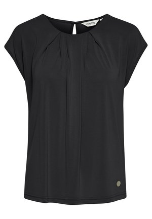 Blouse noire à manches courtes avec un devant plissé, un col rond et une petite ouverture à l'arrière. Présente un motif logo discret à l'ourlet.