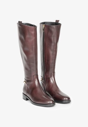 Brązowe skórzane kozaki sięgające do kolan o gładkiej fakturze, z bocznym zamkiem błyskawicznym, złotymi akcentami i niskim słupkowym obcasem.