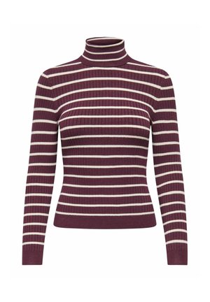 Vinrød ribstrikket rullekrave med lange ærmer og vandrette hvide striber, figursyet pasform, vist på ensfarvet hvid baggrund.