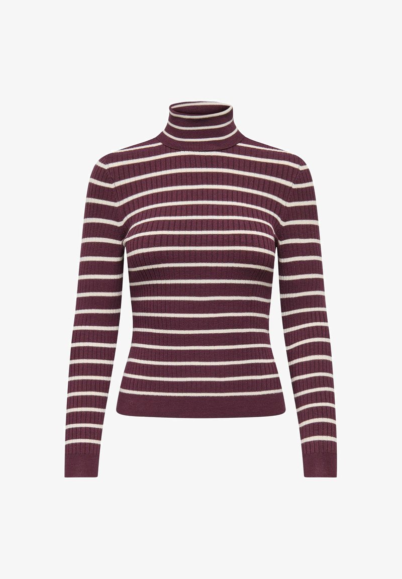 Pull à col roulé bordeaux à côtes, manches longues et rayures blanches horizontales, coupe ajustée, présenté sur fond blanc uni.