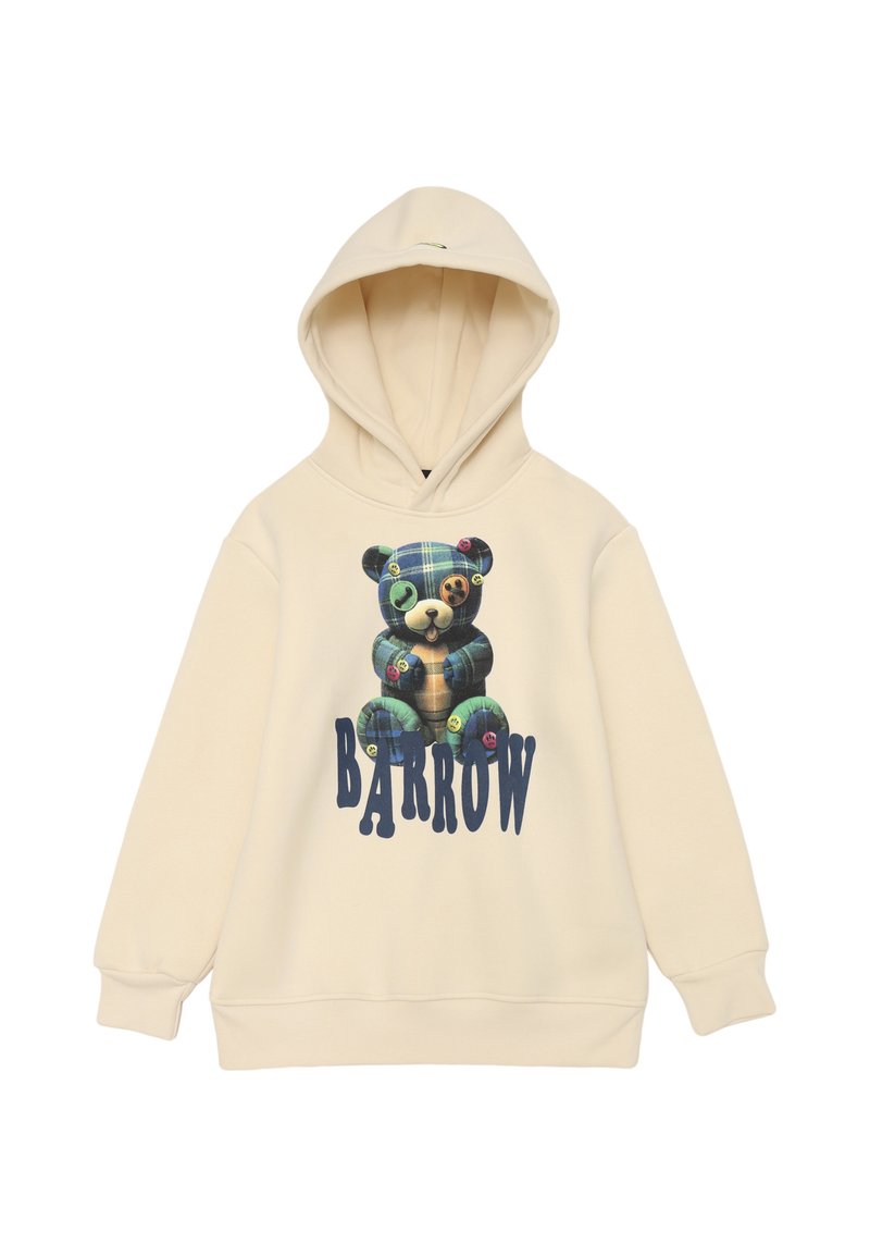 Felpa color crema con un grande grafiche di un orso con motivi a quadri e bottoni colorati. "BARROW" stampato in lettere blu in grassetto.