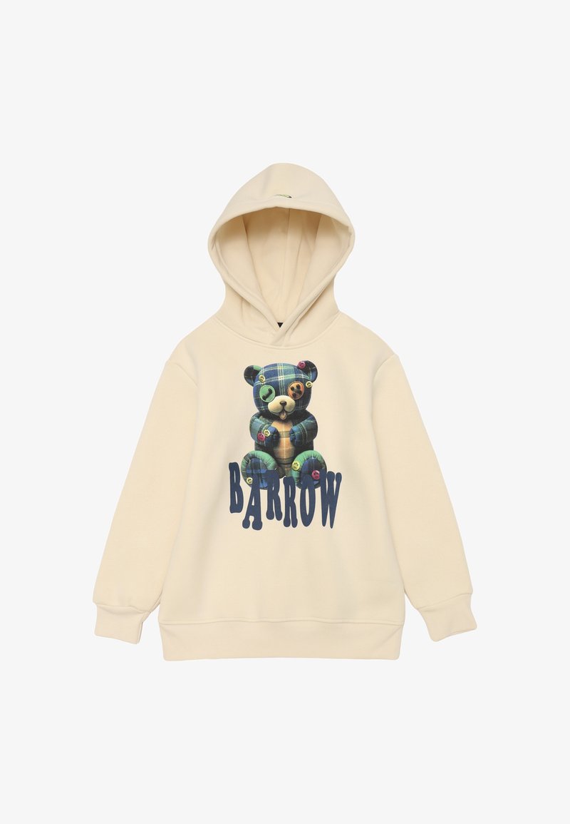 Felpa color crema con un grande grafiche di un orso con motivi a quadri e bottoni colorati. "BARROW" stampato in lettere blu in grassetto.