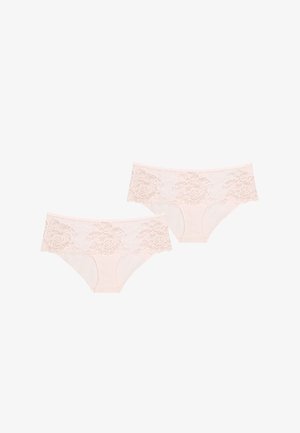 Een paar lichtroze kanten slipjes met een bloemenpatroon op de tailleband en geribbelde stof in het hoofdgedeelte. Twee stuks inbegrepen.