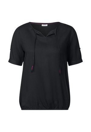 Schwarzes Kurzarm-Oberteil mit V-Ausschnitt und Kordelzügen. Hergestellt aus strukturiertem Stoff, mit einem gerafften Saum und kontrastierenden lila Akzenten.