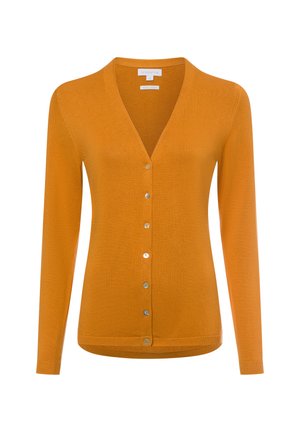 Orange knitted cardigan with long sleeves, V-neck, and silver button closure along the front. Smooth texture with ribbed accents.