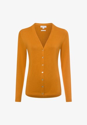 Orange knitted cardigan with long sleeves, V-neck, and silver button closure along the front. Smooth texture with ribbed accents.