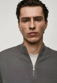 Grå ziptröja med hög krage, som har en mjuk textur och silverfärgad dragkedje-detalj, bärs över en ljusfärgad skjorta.