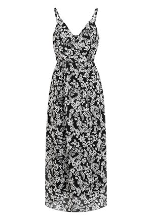 Zwarte mouwloze maxi-jurk met wit bloemenpatroon en een V-hals overslag top.