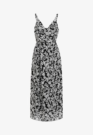 Zwarte mouwloze maxi-jurk met wit bloemenpatroon en een V-hals overslag top.