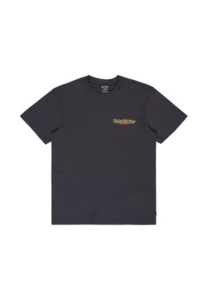 Dark gray short-sleeve t-shirt with small "Harbor Fish Taco" logo in yellow and red on the left chest.