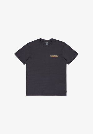 Dark gray short-sleeve t-shirt with small "Harbor Fish Taco" logo in yellow and red on the left chest.