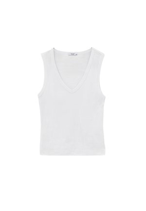 Canotta bianca in cotone senza maniche con scollo a V e vestibilità slim, mostrata su sfondo bianco.