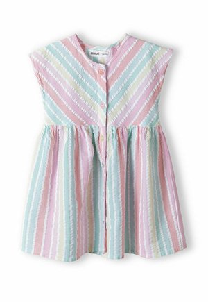 Robe bébé sans manches avec rayures diagonales et verticales rose pastel, vert, blanc et jaune, fermeture à boutons à l'avant et taille froncée.