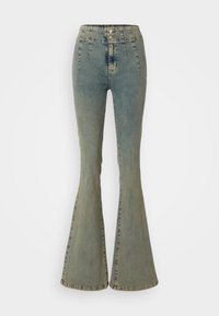 Ljusblå denimjeans med vida ben och hög midja, med två knäppningar, framseams och en gradvis utvidgning från knäet och ner.