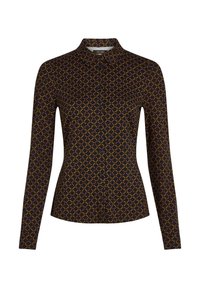 Camicia button-up nera con un motivo a diamante arancione e giallo. Presenta maniche lunghe, colletto e una silhouette aderente.