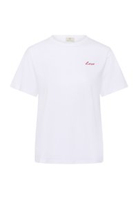 T-shirt blanc à manches courtes et col rond avec un petit texte brodé en rouge "Love" sur la poitrine gauche.