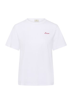 T-shirt blanc à manches courtes et col rond avec un petit texte brodé en rouge "Love" sur la poitrine gauche.