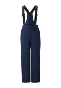 Navyblaue, wasserdichte Overalls mit verstellbaren schwarzen Hosenträgern, taillierter Passform, vorderem Knopfverschluss und strukturiertem Stoff.