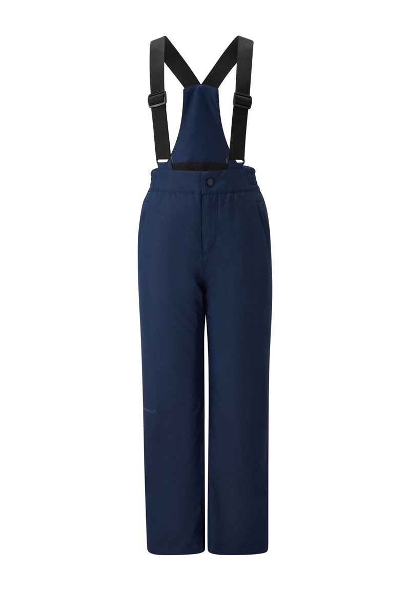 Navyblaue, wasserdichte Overalls mit verstellbaren schwarzen Hosenträgern, taillierter Passform, vorderem Knopfverschluss und strukturiertem Stoff.