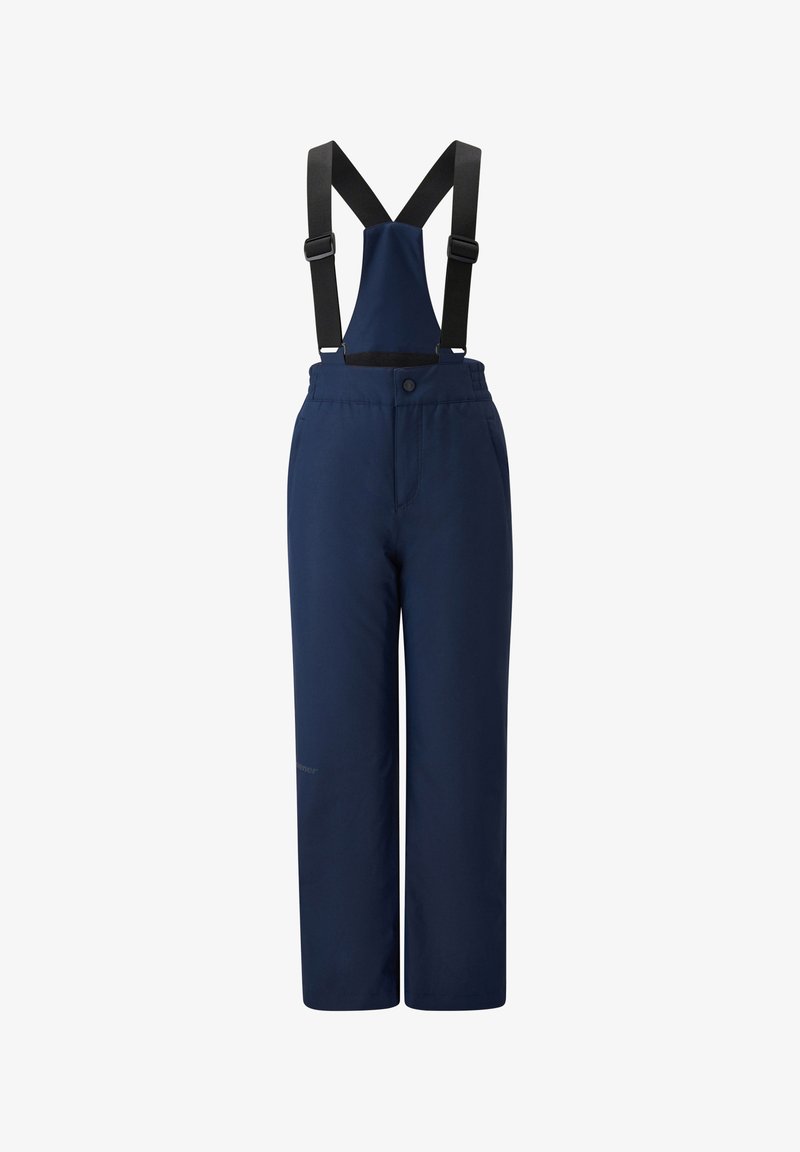 Navy blue waterproof overalls with adjustable black suspenders, tapered fit, front button closure, and textured fabric.