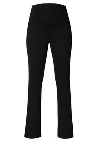 Leggings évasés noirs avec une taille haute et large. Fabriqués dans un tissu extensible et lisse. Aucun motif ou détail matériel visible.