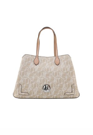 Beżowa torba typu tote z monogramem. Gładka faktura, dwa skórzane uchwyty, logo z przodu oraz kontrastowe wykończenie.