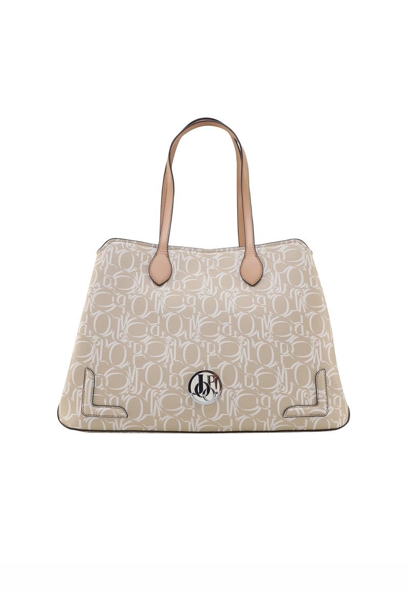 Beżowa torba typu tote z monogramem. Gładka faktura, dwa skórzane uchwyty, logo z przodu oraz kontrastowe wykończenie.