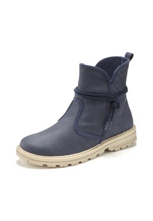 Navy blue ankle boot with textured back, wrap-around lace detail, pull tab, and beige chunky rubber sole.