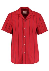 Rood overhemd met korte mouwen, navy verticale strepen, klassieke kraag, knoopsluiting en een gladde stofstructuur.