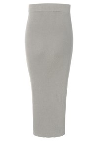 Grijze geribbelde midi rok met een aansluitend ontwerp. Heeft een elastische tailleband en een rechte snit die net onder de knie eindigt.