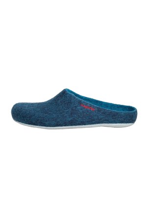 Blue felt slip-on slipper with closed toe and open back, featuring a small red "magicfelt" logo on the side and a light gray sole.