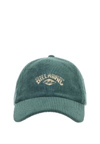 Grüne Corduroy-Baseballmütze mit geripptem Textur, ausgestattet mit gesticktem "Billabong"-Logo in Beige und einem gebogenen Schirm.