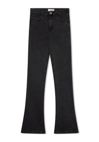 Czarne dżinsy wysokim stanie z rozszerzanym nogawkiem, z przodu na guzik, z zapięciem na zamek oraz klasycznym pięciopocketowym designem.