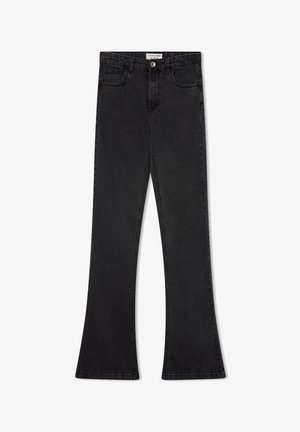 Czarne dżinsy wysokim stanie z rozszerzanym nogawkiem, z przodu na guzik, z zapięciem na zamek oraz klasycznym pięciopocketowym designem.