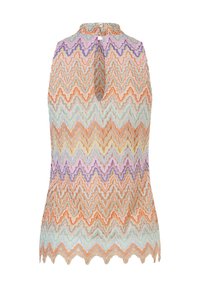 Ärmelloses Oberteil im mehrfarbigen Zickzackmuster mit hohem Ausschnitt, Schlüsselrücken und gewelltem Saum. Strukturiertes Spitzenmaterial.