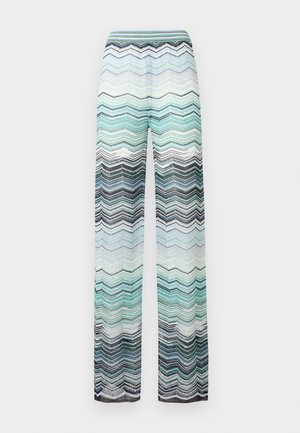 Wide-leg trousers in a zigzag pattern. Features blue, green, and black colors with a shimmery texture. Elastic waistband.