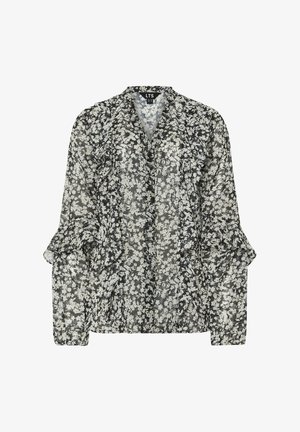 Musta kukallinen pusero, jossa on kevyestä ja läpikuultavasta kankaasta valmistetut rypytetyt hihat ja nappisuljenta. Yhteensopiva kukkakuosi valkoisena ja harmaana.