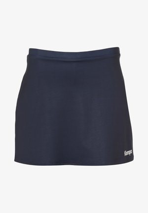 Marineblauwe sportrok van glad, stretchy materiaal. Heeft een aansluitende tailleband en een klein wit logo rechtsonder.