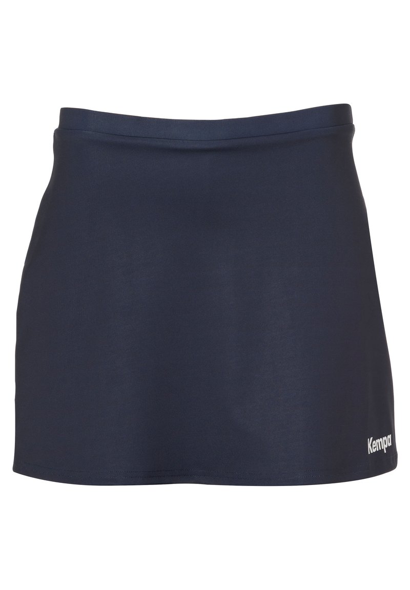 Gonna atletica blu navy realizzata in tessuto liscio e elasticizzato. Presenta una vita aderente e un piccolo logo bianco in basso a destra.