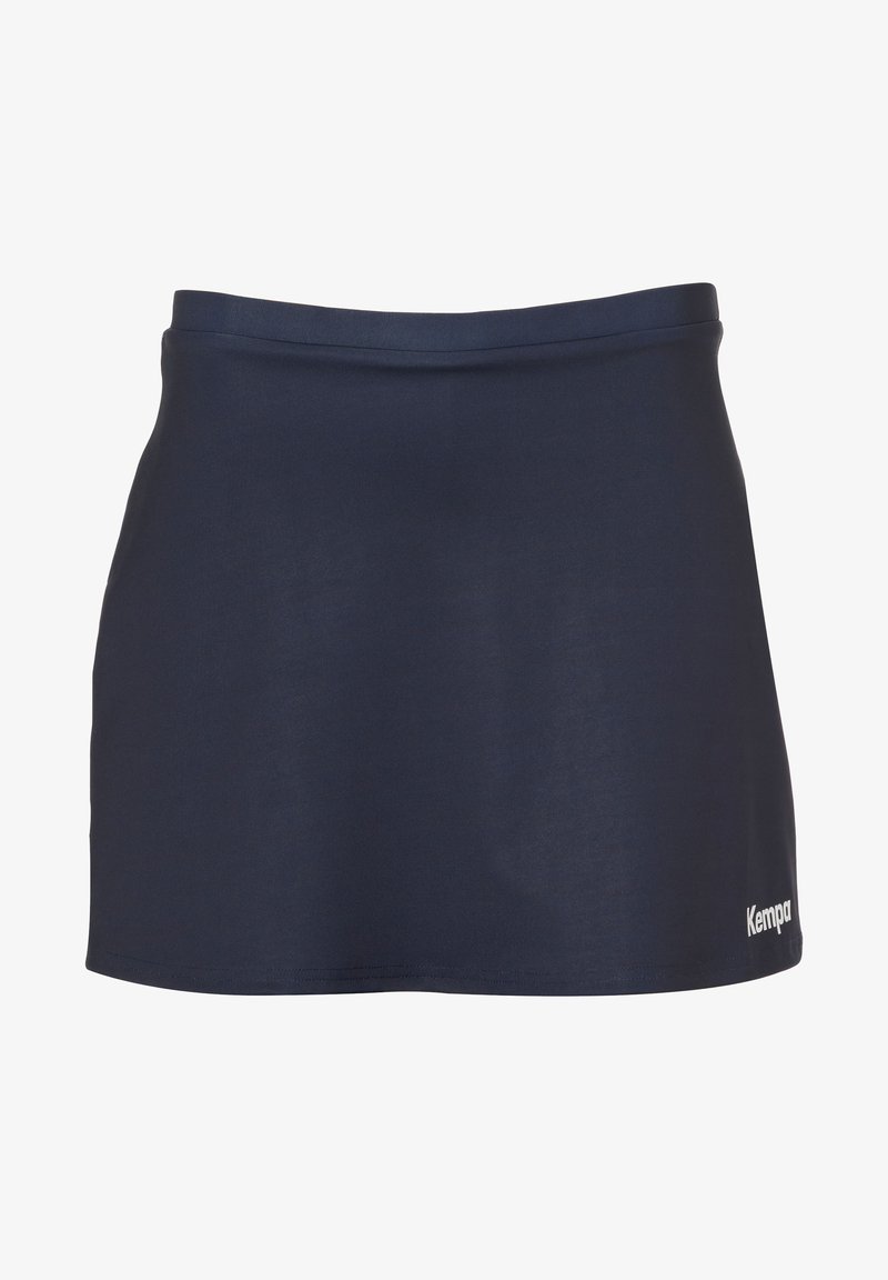 Gonna atletica blu navy realizzata in tessuto liscio e elasticizzato. Presenta una vita aderente e un piccolo logo bianco in basso a destra.