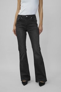 Black flared jeans with a high waist, featuring five pockets and a button closure. Made from denim with a smooth texture and minor fading.